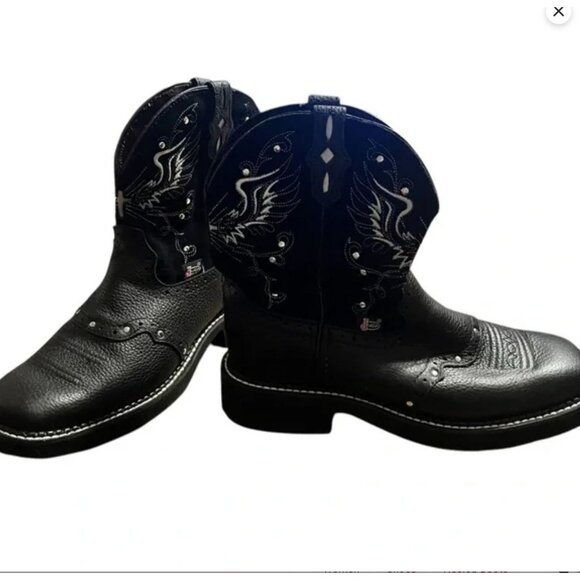 Justin Shoes - Justin Black Leather Western Boots With Embroidered Wing Design & Square Toe 8.5